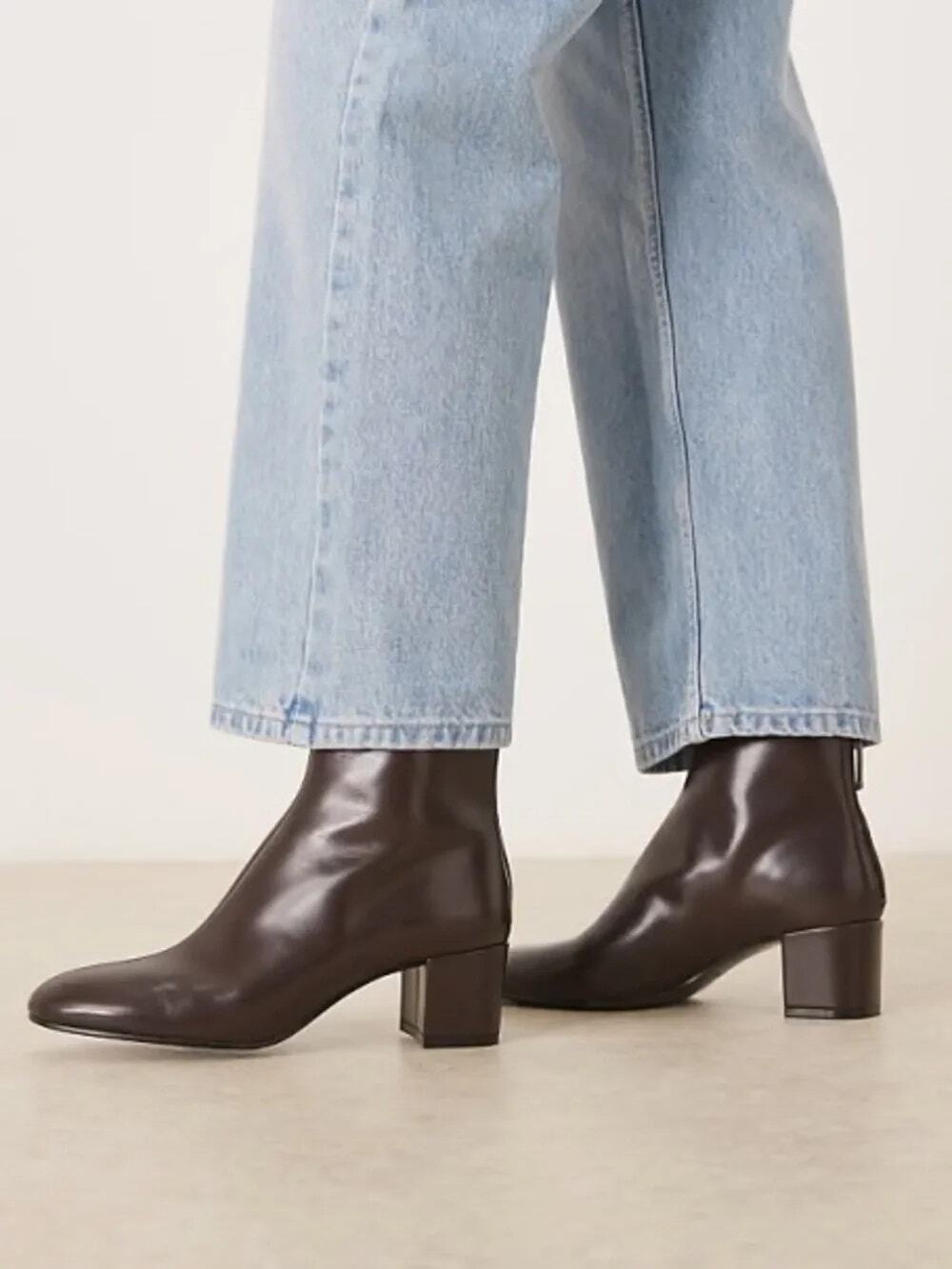 Mango Claro Chocolate Brown Mini Block Heel Leather Round Toe Ankle Boots 8.5